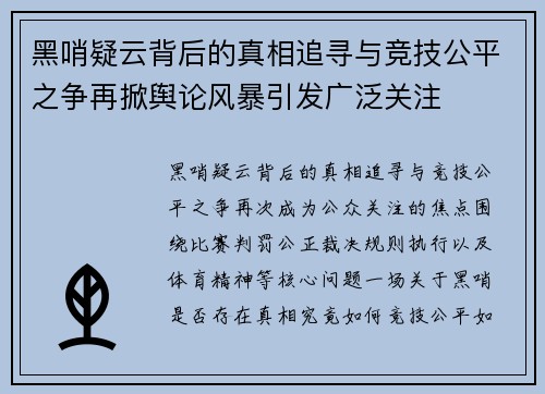 黑哨疑云背后的真相追寻与竞技公平之争再掀舆论风暴引发广泛关注